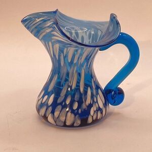 Rainbow Small Mini Pitcher Splatter Vase Blue White Hand Blown Hand Painted